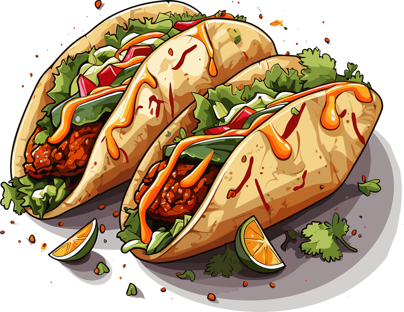 Two tacos are sitting on a plate with some sauce and other food.